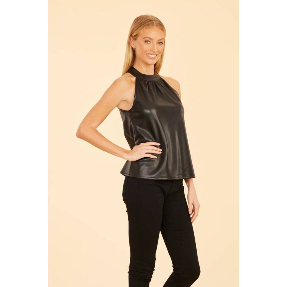 Dolce Cabo Hashi Vegan Faux Leather Halter Top Black S NWT Quiet Luxury Edgy - Picture 2 of 7